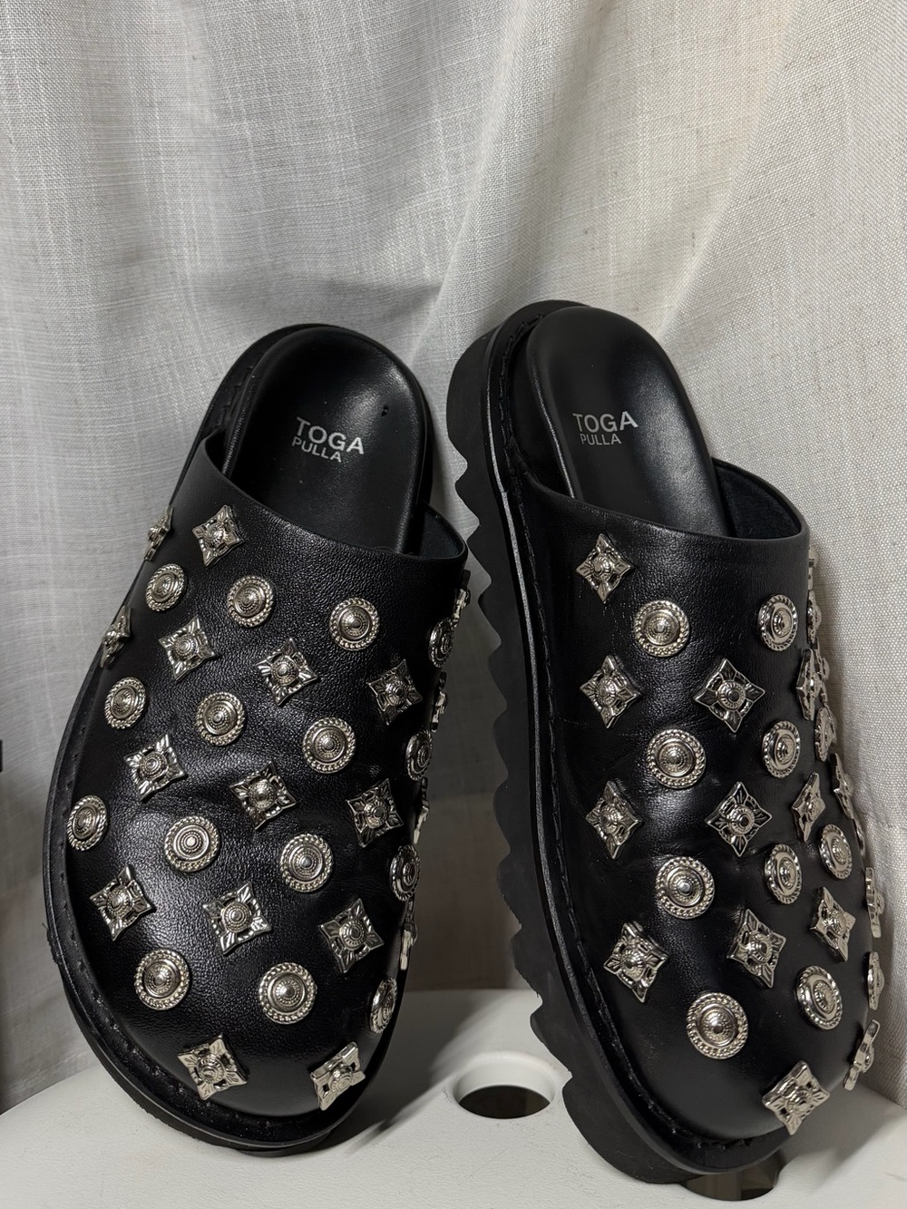 TOGA Pulla Black Studded Leather Mule Clogs with dust bag